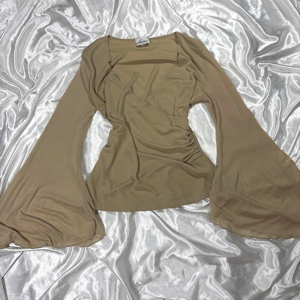 y2k pleated Bell Sleeve Wrap Top Tan Caren Sport Ruched 2XL 3038-B